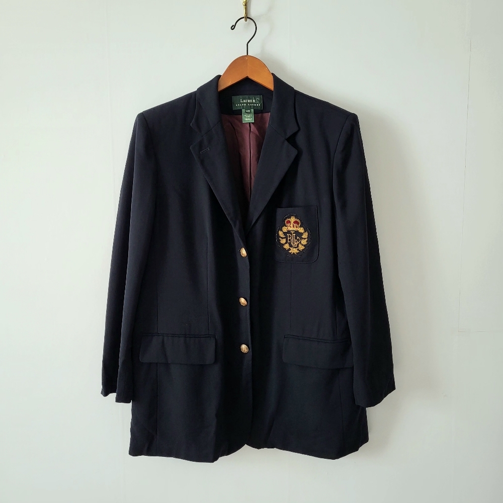 Vtg Lauren Ralph Lauren Women's Blazer 14W Navy Blue Gold Crest Buttons Wool
